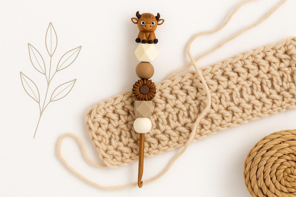 Highland Cow Silicone Bead Crochet Hook | 4mm | Ergonomic Grip | 5mm Size | Gift for Crocheters | Cute Brown Neutral Theme
