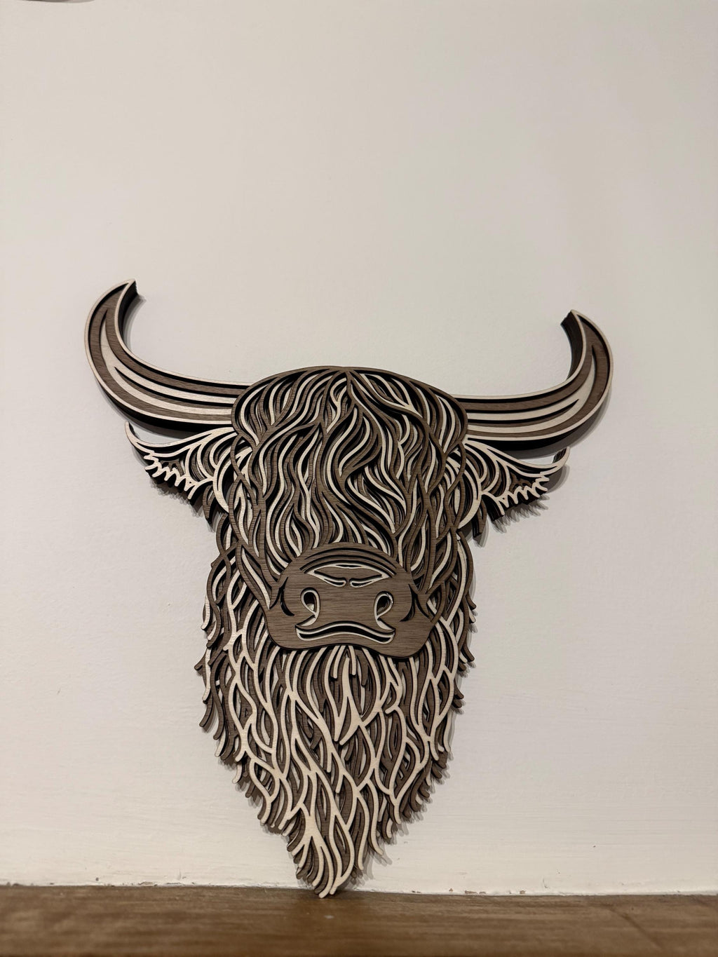 Layered Highland Cow Wall Art – Laser Cut Wooden Decor – Rustic Cow Head Sign – Shaggy Highland Cattle Gift – Boho Wall Hanging