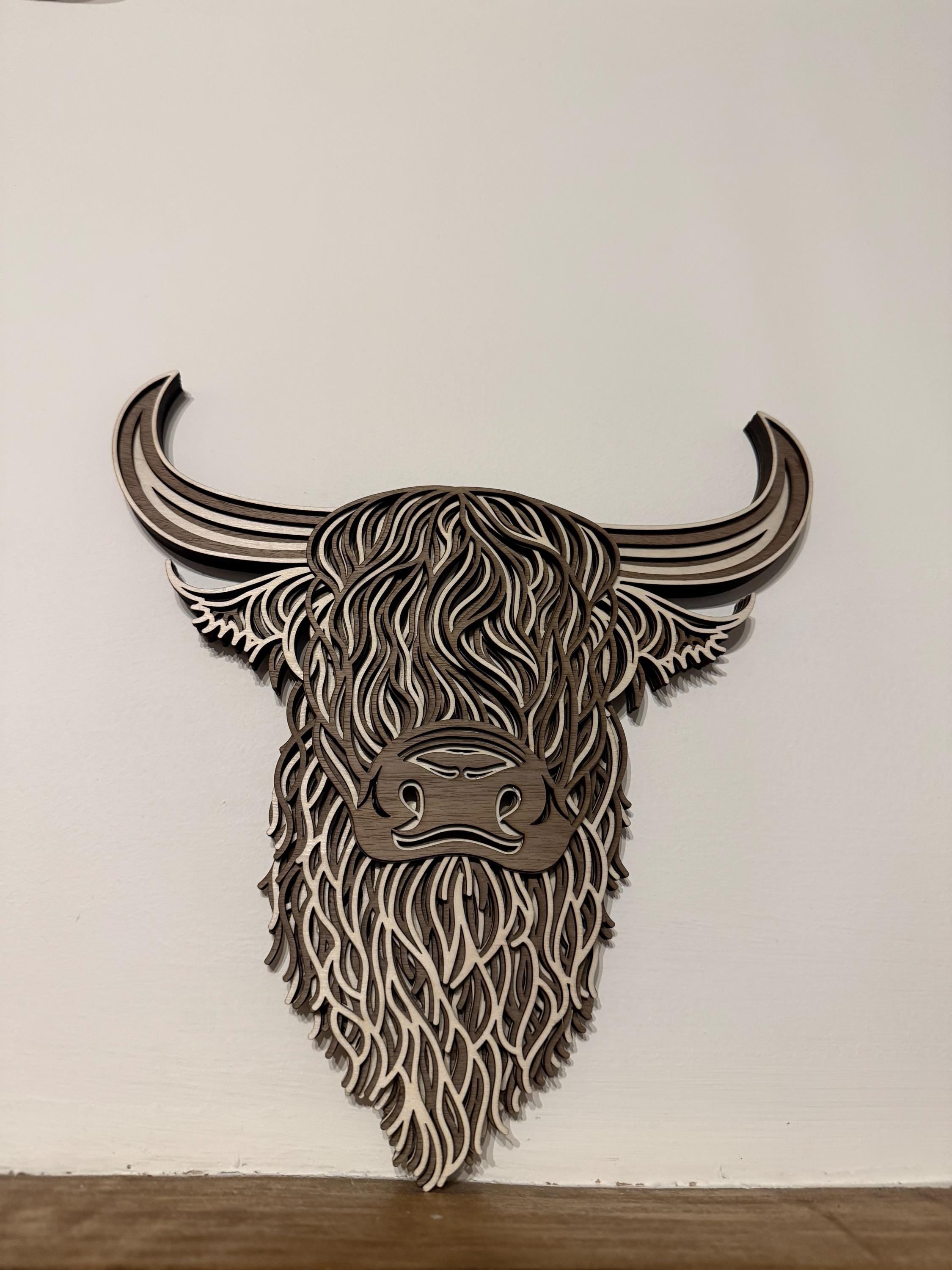 Layered Highland Cow Wall Art – Laser Cut Wooden Decor – Rustic Cow Head Sign – Shaggy Highland Cattle Gift – Boho Wall Hanging
