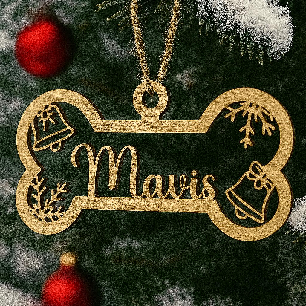 Personalised Dog Bone Christmas Ornament – Custom Pet Name Bauble | Wooden Dog Decoration | Pet Memorial Gift | Dog Christmas Tree Tag