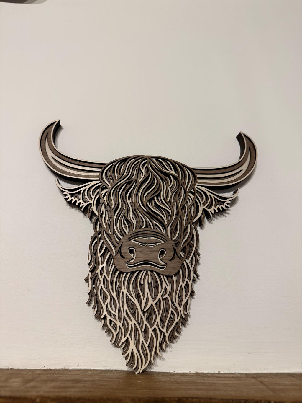 Layered Highland Cow Wall Art – Laser Cut Wooden Decor – Rustic Cow Head Sign – Shaggy Highland Cattle Gift – Boho Wall Hanging