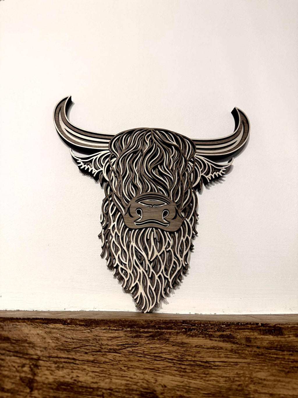 Layered Highland Cow Wall Art – Laser Cut Wooden Decor – Rustic Cow Head Sign – Shaggy Highland Cattle Gift – Boho Wall Hanging