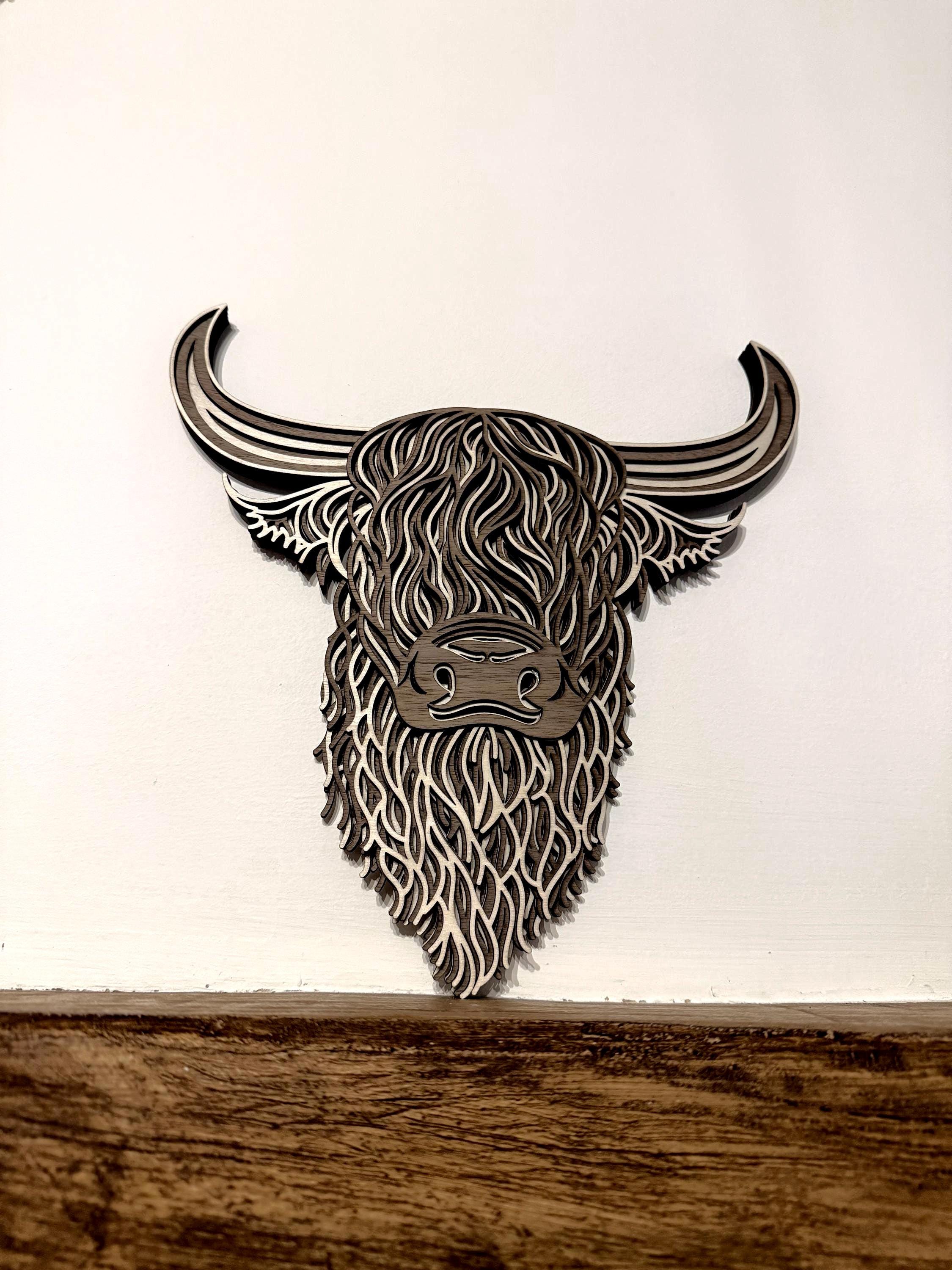Layered Highland Cow Wall Art – Laser Cut Wooden Decor – Rustic Cow Head Sign – Shaggy Highland Cattle Gift – Boho Wall Hanging
